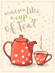 Red cup and teapot on drop background