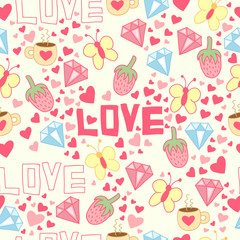 Seamless background with cup, diamond, hearts, strawberries, butterflies and love. Cute pattern. 