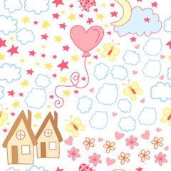 Seamless pattern with cute house, balloon, butterfly, clouds, moon, ladybug, stars, flowers and hearts. 