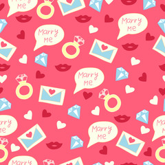 Marry me. Love pattern with letter, ring, lips, diamond and hearts. Happy Valentine's day. Wedding background.