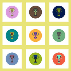 Collection of stylish vector icons in colorful circles cup winner