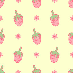 Cute strawberry pattern. Seamless background with flowers and berries