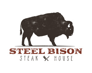 Steak House vintage Label. Typography letterpress design. Vector retro logo. Included bbq grill symbols for customizing badge. Retro colors insignia © jeksonjs