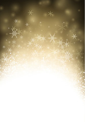 Golden winter background with snowflakes.