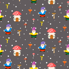 Mushroom home and gnomes seamless pattern. Cartoon fairytale gray background.