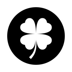 Four leaf clover icon. Black icon isolated on white background. Round icon. Clover silhouette. Simple circle icon. Web site page and mobile app design vector element.
