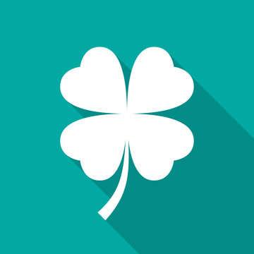 Four leaf clover icon with long shadow. Flat design style. Clover silhouette. Simple green icon. Modern flat icon in stylish colors. Web site page and mobile app design vector element.