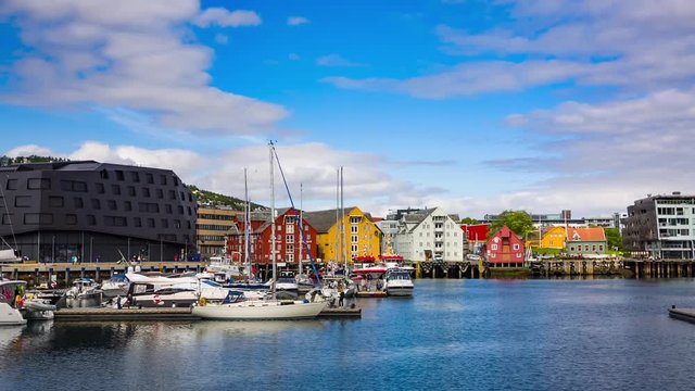View of a marina in Tromso, North Norway. Tromso is considered the northernmost city in the world with a population above 50,000.