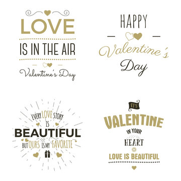 Set of Valentine day typography photo overlays, inspirational text and sun bursts.   labels. Custom quotes isolated on white background. Best for gift card, brochure. Stock vector
