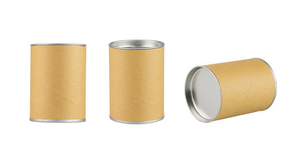 tin can with blank brown label isolated on white background