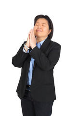 Beautiful woman doing different expressions in different sets of clothes: prayer