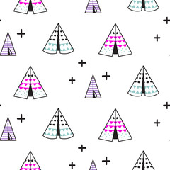 Wigwam kid vector white minimalistic seamless pattern.