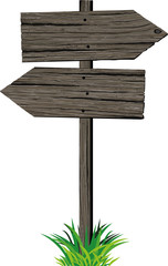 Wooden pattern sign two arrows in different directions in grunge style and green grass isolated on white background. Road sign.