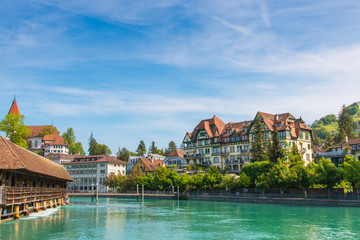 Obraz premium The city center of Thun, Switzerland with old covered wooden br