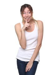 Fototapeta premium Girl showing hand silence. Close up. White background