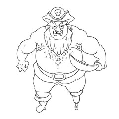 One-legged, bearded pirate in cocked hat with a skull