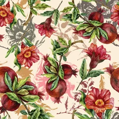 Fotobehang Tropische Bladeren Watercolor hand painting seamless pattern with pomegranate branches.  © Kate Vigdis