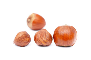 Group fresh hazelnuts isolated on white background