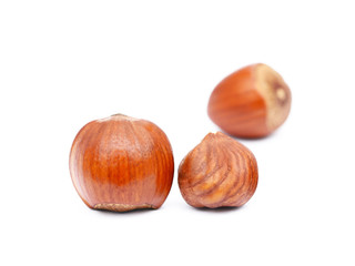 Group fresh hazelnuts isolated on white background
