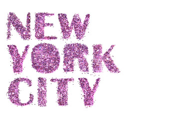 Card with text New York City of purple glitter on white background