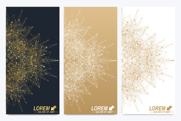 Modern set of vector flyers. Geometric abstract presentation. Molecule and communication background for medicine, science, technology, chemistry. Golden cybernetic dots. Lines plexus. Card surface