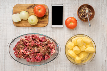 Ingredients for cooking from the internet top view