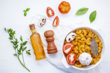 Italian foods concept and menu design . Pasta elbow macaroni  wi
