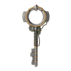 Metal key in the steampunk style on isolated white background. 3d illustration
