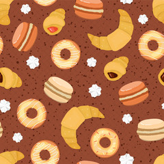 Seamless background of glazed donuts, croissants, macaroons and meringues. Pattern.