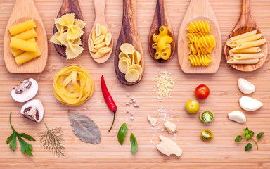 Italian food concept .Various kind of pasta in wooden spoons wit