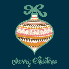 Merry Christmas lettering. Ball vector illustration. Vintage winter holiday background. Retro card template.