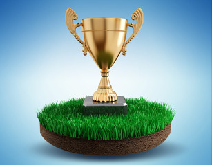 Gold cup winner trophy on an island of grass - 3d render illustration