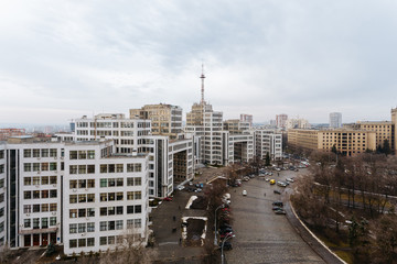 Top view of the Derzhprom - House state industry, a monument of architecture in the style of Constructivism in Kharkov, Ukraine.