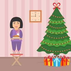 Cute beautiful asian girl child standing on a chair near the Christmas Tree. Room interior in vector flat style. Christmas vector illustration.