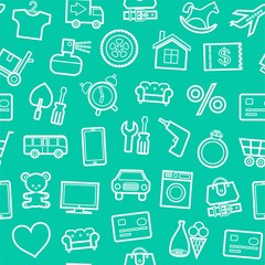 Categories of goods, Internet-shop, seamless background, green. Vector white outline icons of industrial goods on a green background. Plain, flat background. 