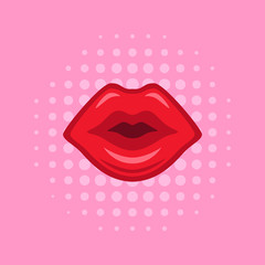 Red lips on pink half-tone pattern background made in comics style