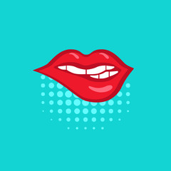 Red seductive lips on blue pop-art  background made in comics style