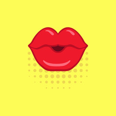 Red kissing lips on yellow pop-art background made in comics style
