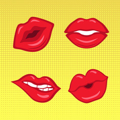 Set of red lips on yellow half-tone background made in comics style