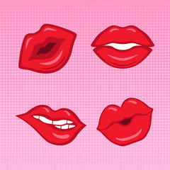 Set of red lips on pink half-tone background made in comics style