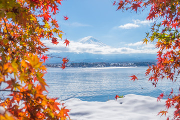 Fuji Mountain and blurred red maple leaves in Autumn season of Lake Kawaguchi, Yamanashi, Japan