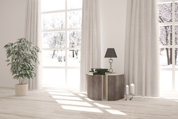 White living room interior with furniture. Scandinavian home design