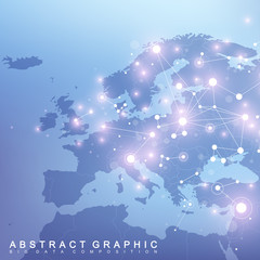 Geometric graphic background communication with Europe Map. Big data complex with compounds. Perspective backdrop. Minimal array. Digital data visualization. Scientific cybernetic vector illustration.