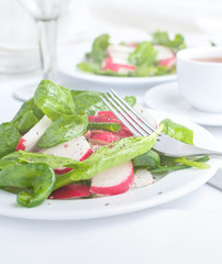 Salad with spinach, radish and green onion in the olive oil