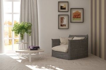 White living room interior with armchair