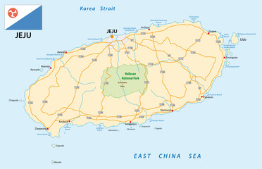 Obraz premium road map of the South Korean island Jeju with flag