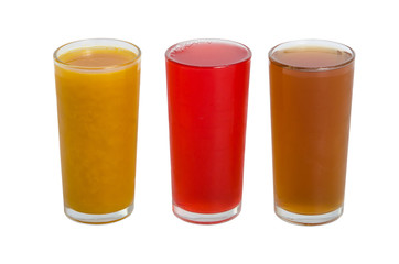 Three glass glasses of different juice, multi-colored, fresh