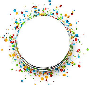 Round background with colorful confetti.