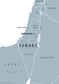 Israel political map with capital Jerusalem and neighbors. State of Israel, a country in Middle East with Palestinian territories West Bank and Gaza Strip. Illustration with English labeling. Vector.