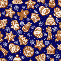 Christmas seamless pattern of snowflakes and gingerbread cookies.